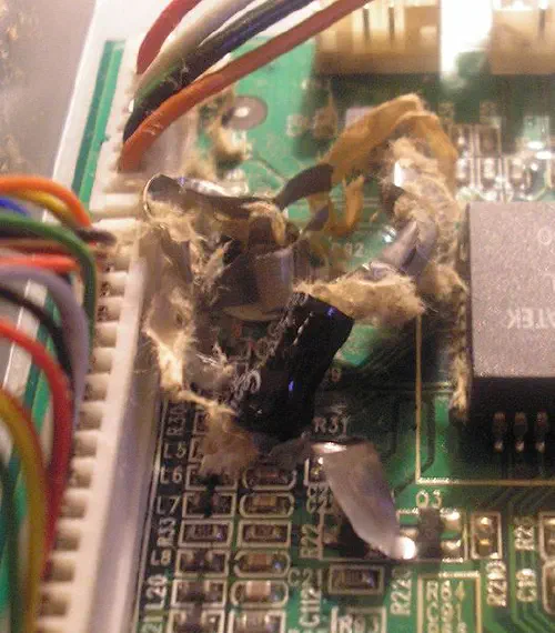 A failed electrolytic from a broken LCD monitor. The power supply failed and overheated the cap causing explosion.