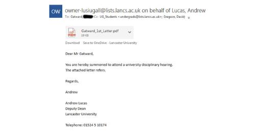 An email reading 'Dear Mr Gatward, You are hereby summoned to attend a university disciplinary hearing. The attached letter refers. Regards, Andrew'