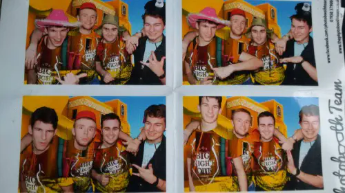 A grid of photobooth photos showing a group of students in fancy dress