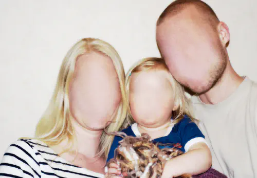 A family with blurred-out faces, representing the experience of prosopagnosia