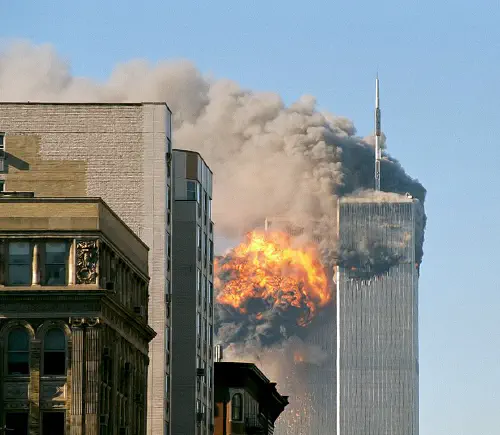 United Airlines Flight 175 crashes into the south tower of the World Trade Center complex in New York City during the September 11 attacks
