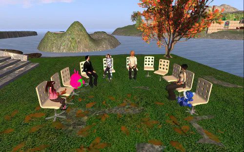 Characters in Second Life sit on chairs in a semicircle